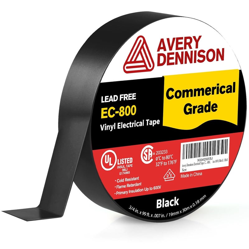 Avery Dennison Electrical Tape, Commercial Grade PVC Electric Tape, UL/CSA Listed Insulating Vinyl Tape for Electrical, Repairs, Automotive and Equipment, EC-800, ¾ in x 99 ft, Black, 1 Roll - Image 1